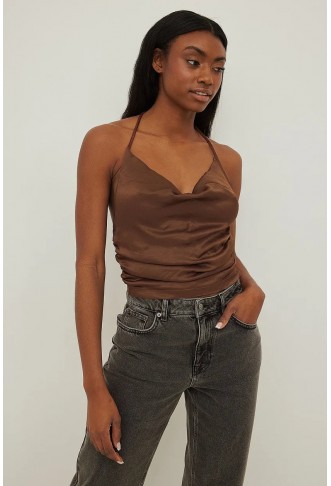 Satin V-neck Gathered Front Top