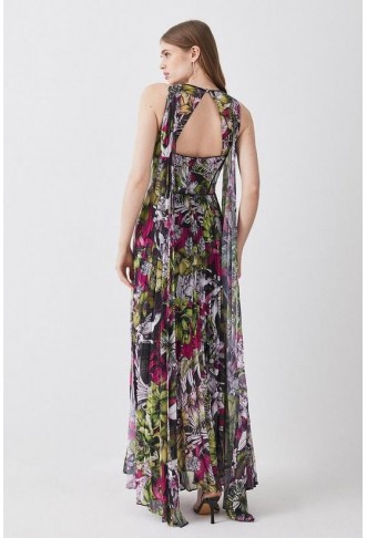 Corset Detail Floral Pleated Halter Woven Maxi Dress