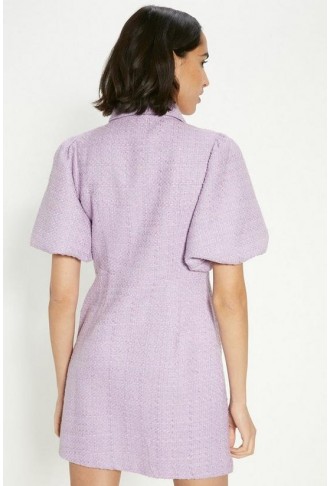 Petite Tweed Puff Sleeve Zip Through Mini Dress