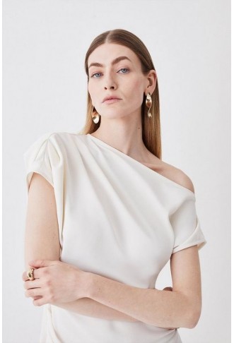 Soft Tailored Drop Shoulder Ruched Pencil Midi Dress