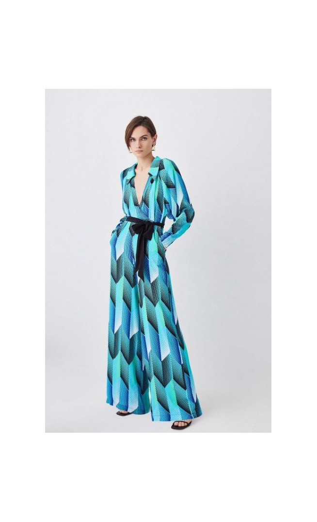 Geo Print Belted Woven Jumpsuit