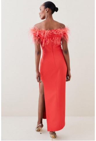 Feather Bardot Stretch Crepe Tailored Maxi Dress