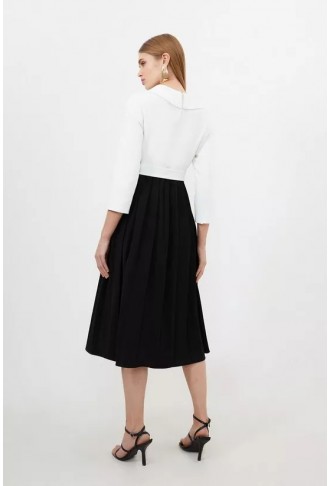 Tailored Structured Crepe Roll Neck Pleated Midi Dress
