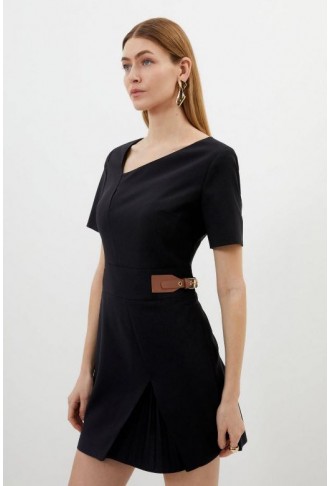 Tailored Crepe Asymmetric Neckline Pleated Midi Dress