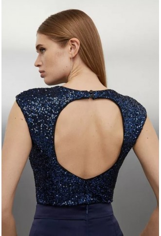 Stretch Sequin Backless Bodysuit