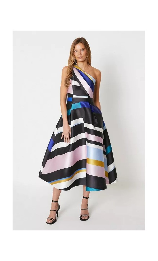 One Shoulder Twill Midi Dress In Stripe