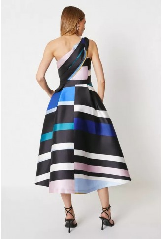 One Shoulder Twill Midi Dress In Stripe