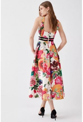ontrast Trim Floral Scuba Midi Dress