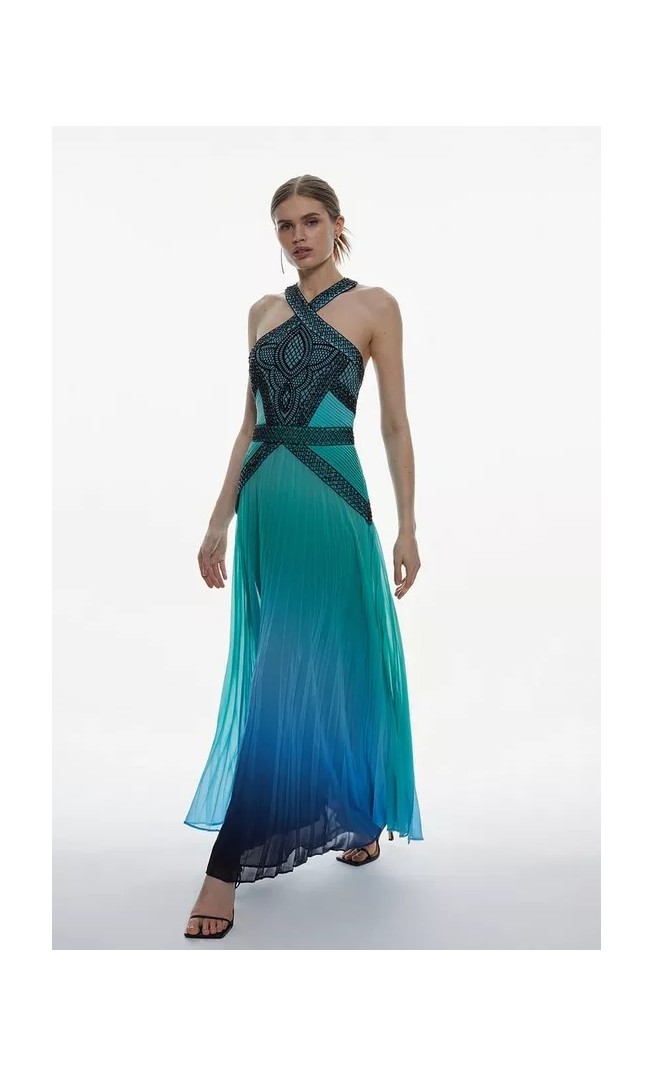 Embellished Ombre Print Pleated Maxi Dress