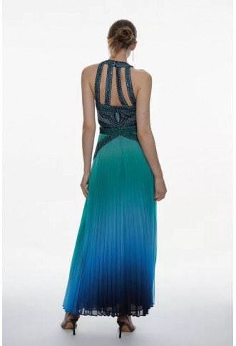 Embellished Ombre Print Pleated Maxi Dress