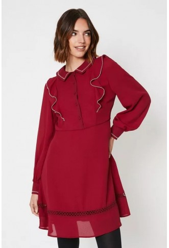 Contrast Stitch Collared Lace Insert Mini Dress