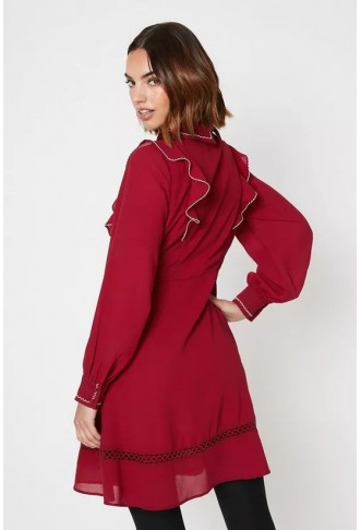 Contrast Stitch Collared Lace Insert Mini Dress