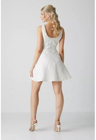 Jacquard Full Skirted Mini Dress With Jewel Trim