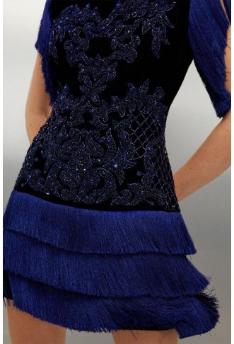 Petite Velvet Baroque Fringe Woven Mini Dress