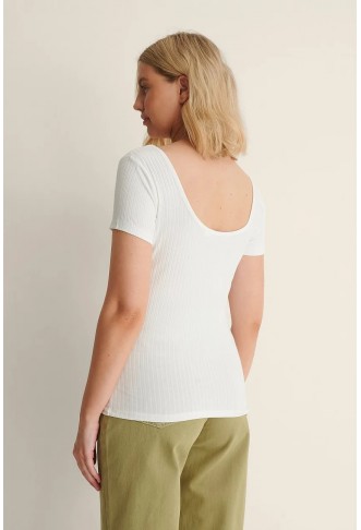 Deep Round Neck Rib Short Sleeve Top