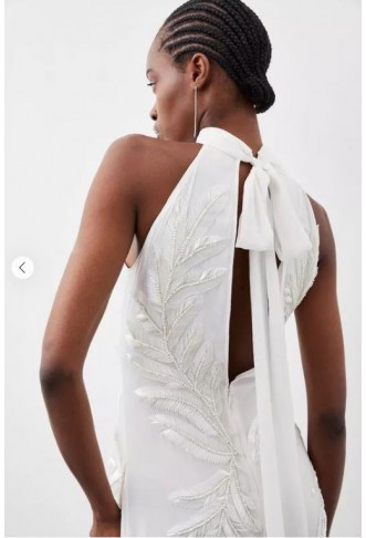 Halter Neck Feather Sequin Detail Woven Maxi Dress