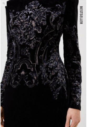 Black Placed Velvet Devore Long Sleeve Woven Maxi Dress