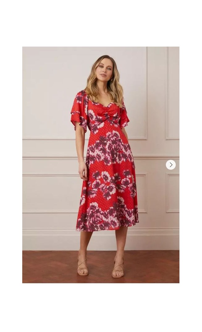 Jacquard Spot Floral Ruffle Sleeve Midi Dress