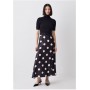 Polka Dot Printed Satin Skirt Half Sleeve Rib Knit Midi Dress