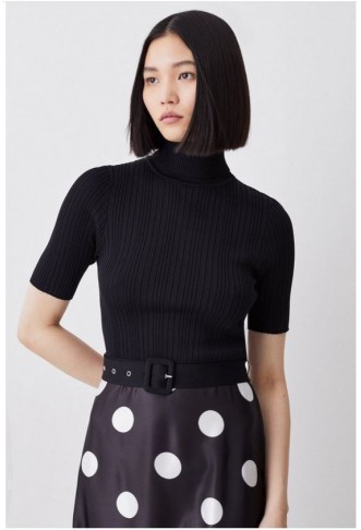 Polka Dot Printed Satin Skirt Half Sleeve Rib Knit Midi Dress
