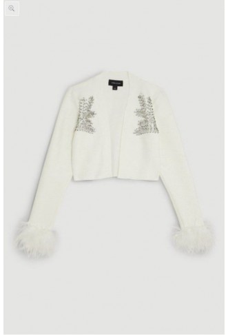 Figure Form Bandage Embellished Feather Cuff Crop Knit Jacket