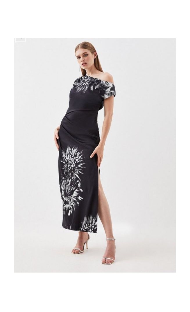 Satin Crepe Floral One Shoulder Woven Maxi Dress