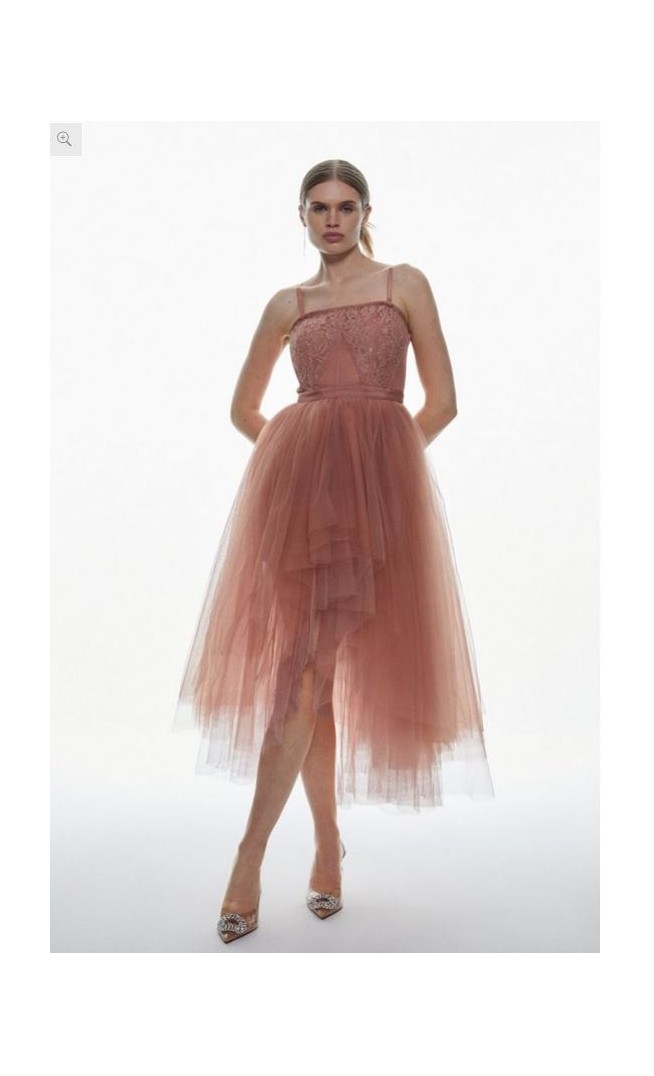 Lace And Tulle High Low Belted Woven Midi Dress