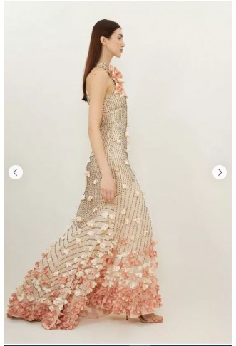 Floral Applique Crystal Embellished Woven Maxi Rosette Maxi Dress