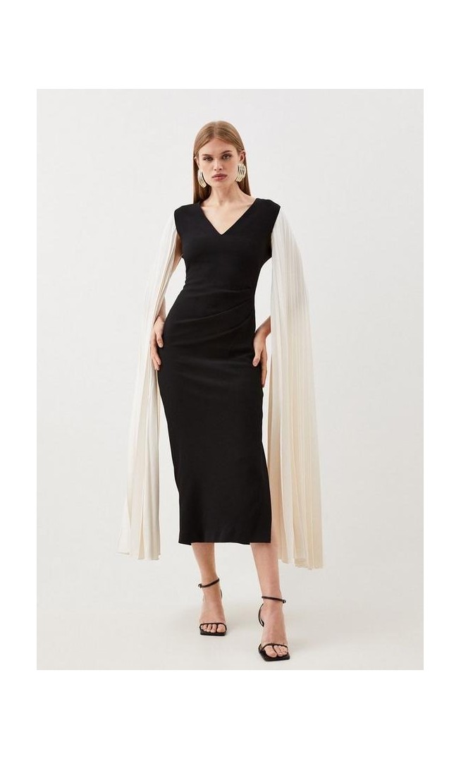 Tailored Compact Stretch Viscose Pleated Sleeve Midi Dress