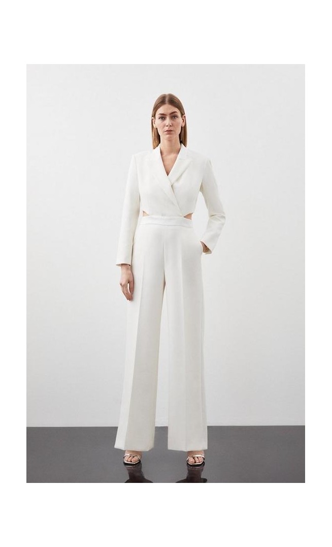 Tailored Compact Stretch Tuxedo Wide Leg Jumpsuit