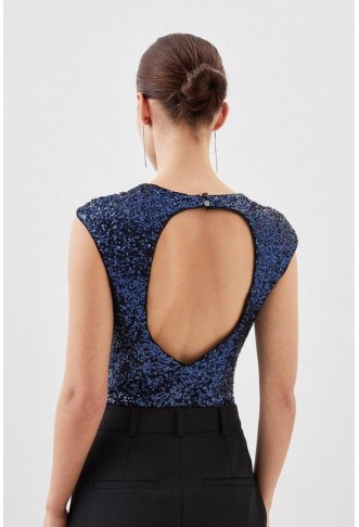 Petite Stretch Sequin Backless Bodysuit