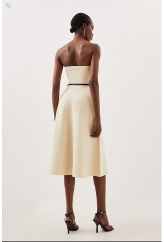 Premium Viscose Blend Body Contouring Belted Full Skirt Bandeau Knit Dress