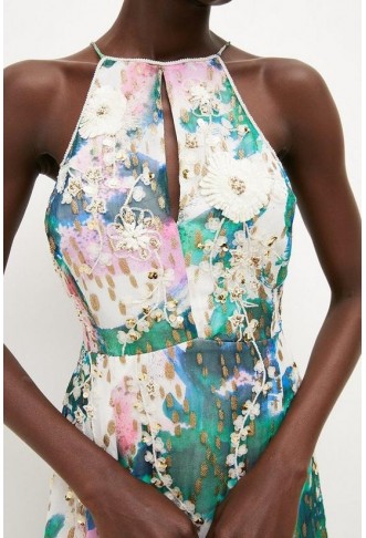 Abstract Print Applique Detail Halter Dress