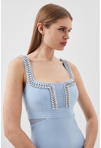 Figure Form Bandage Knit Embellished Midi Column Dress