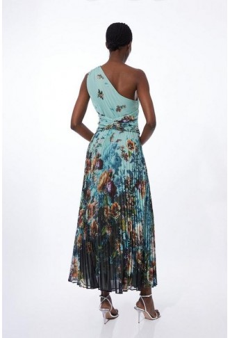 Printed Pleated Yoryu Crinkle Woven Maxi Dress