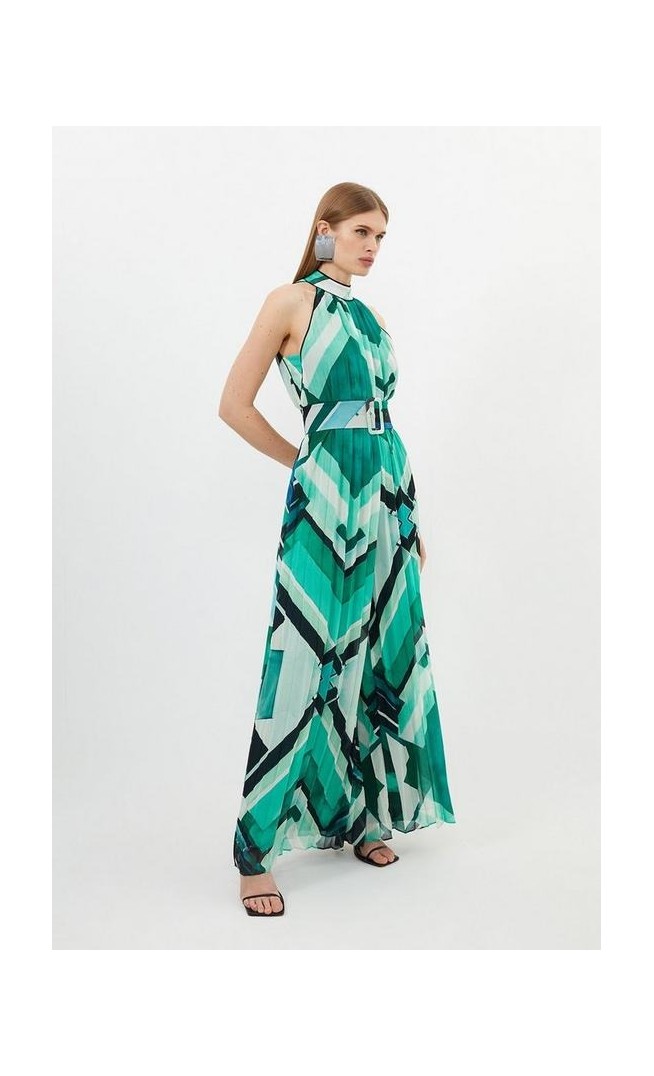 Petite Geo Print Georgette Woven Halter Pleated Maxi Dress