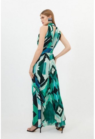 Petite Geo Print Georgette Woven Halter Pleated Maxi Dress