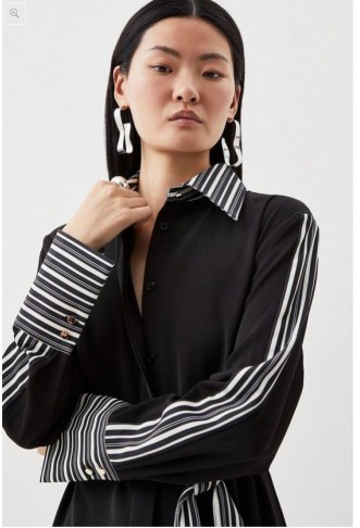 Stripe Twill Woven Belted Midi Shirt Dress