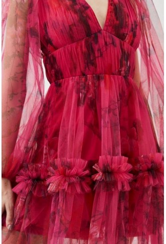 Floral Tulle Plunge Woven Mini Dress