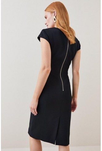 Structured Crepe Tailored Tie Front Pencil Midi Dress