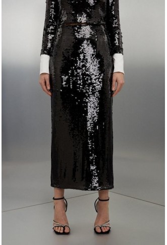 Sequin Front Split Woven Midi Skirt