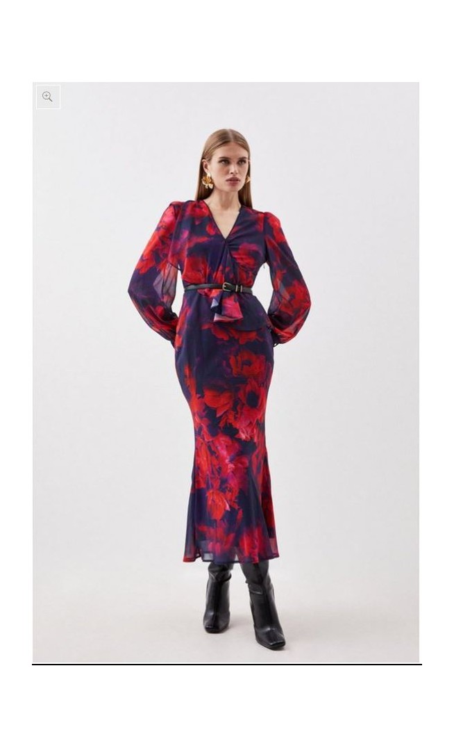 Floral Printed Georgette Belted Woven Maxi Dress