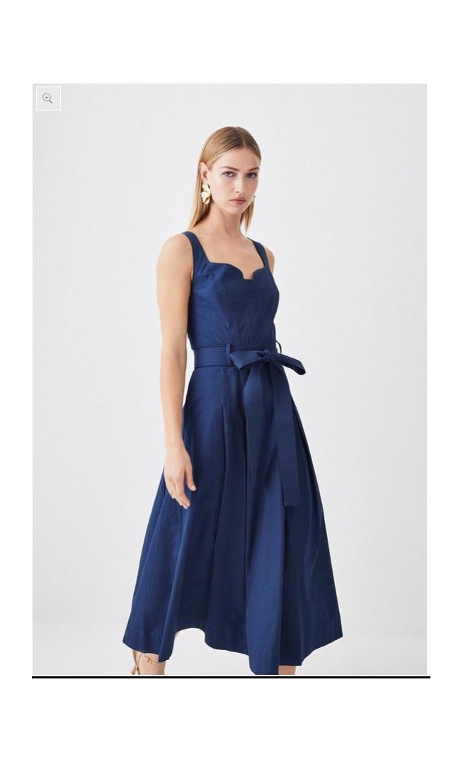 Cotton Sateen Strappy Belted Full Midi Dress