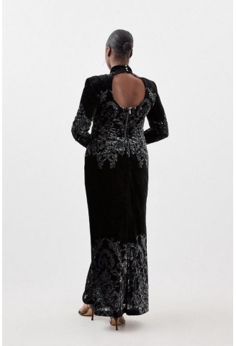 Plus Size Placed Velvet Devore Long Sleeve Woven Maxi Dress