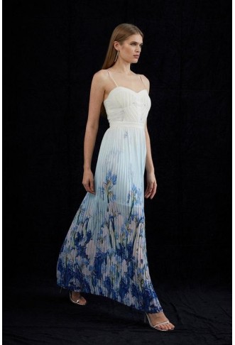 Scattered Floral Print Woven Pleated Cape Maxi Dress