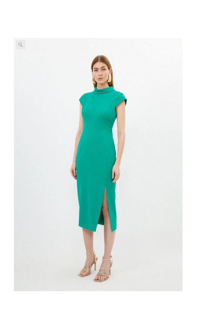 Tailored Structured Crepe High Neck Cap Sleeve Midi Dress