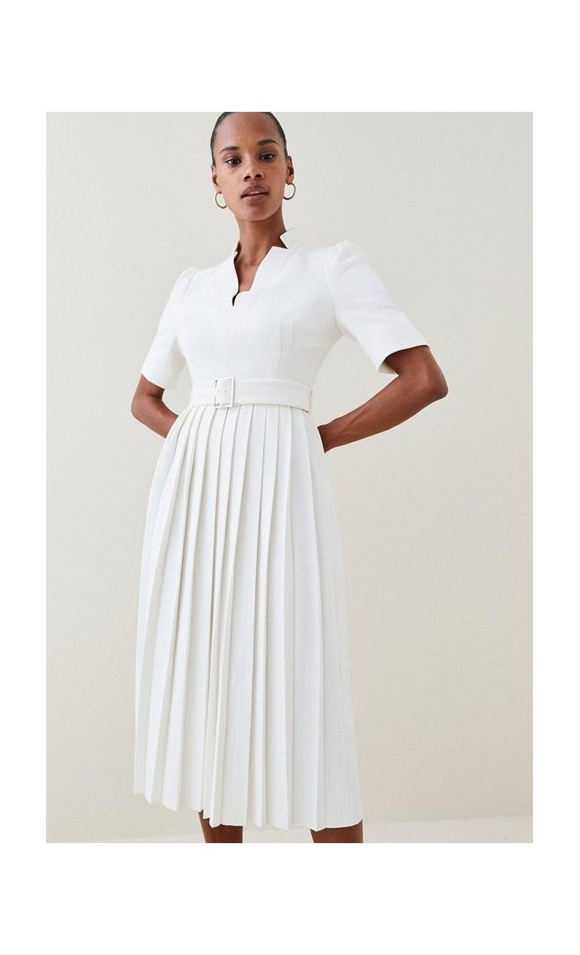 Petite Compact Stretch Forever Pleat Belted Midi Dress