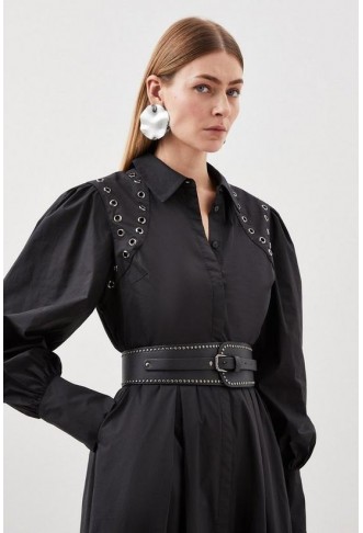 Cotton Eyelet Belted Long Sleeve woven Maxi Dress