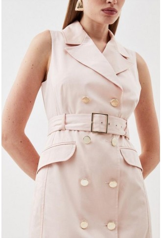 Polished Cotton Tailored Belted Trench Midi Dress