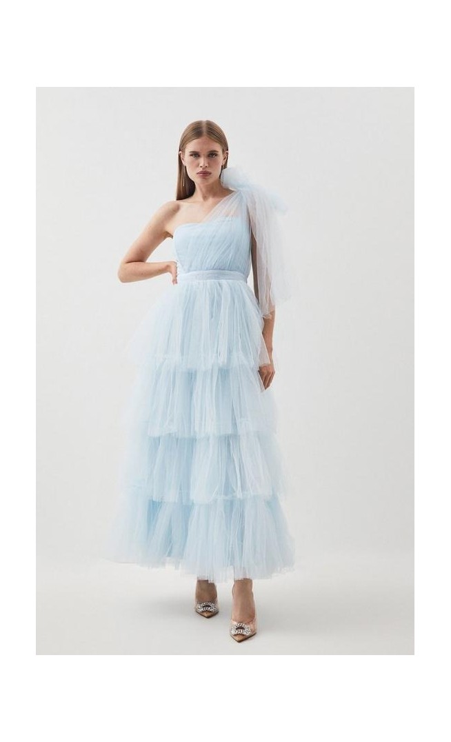 Tulle One Shoulder Woven Midi Dress